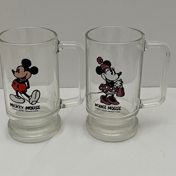 Vintage Disney Mickey & Minnie Mouse Glass Mug Stein Set Walt Disney - Picture 1 of 3